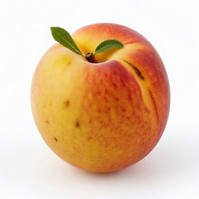 Ripe peach with green leaf