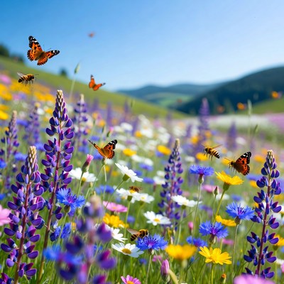 Butterflies Flying Over Wildflower Meadow
