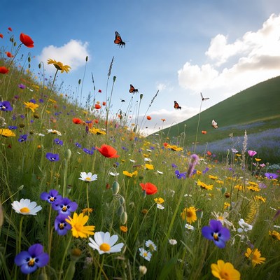 Butterflies Flying Over Wildflower Meadow