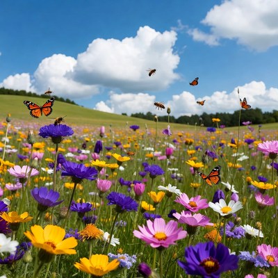 Colorful Flower Field with Butterflies