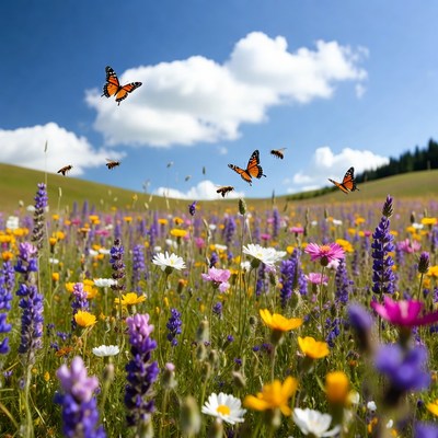 Colorful Butterflies Flying Over Wildflower Meadow