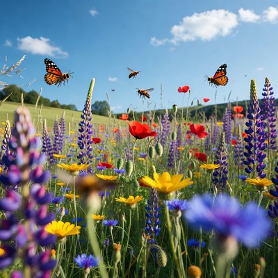 Colorful wildflower meadow with butterflies bees