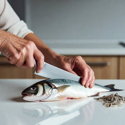 Elderly woman filleting fish on counter