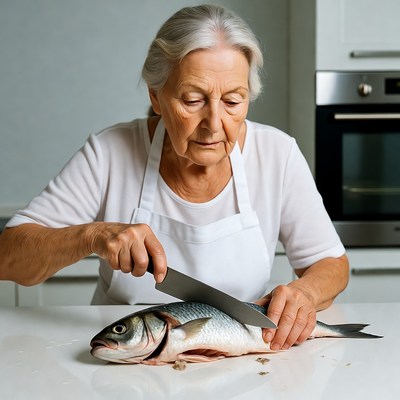 Elderly woman filleting fish kitchen