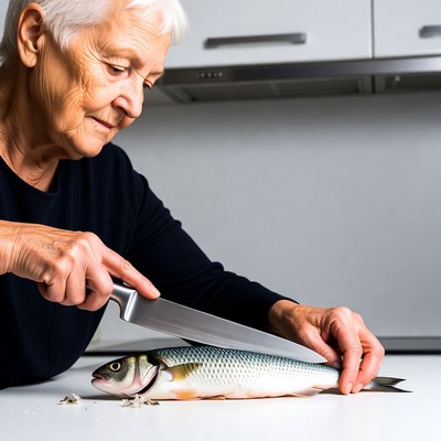 Elderly woman filleting fish