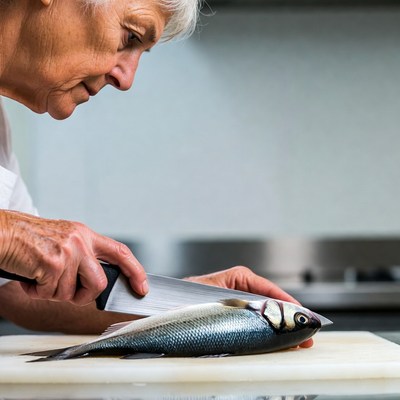 Elderly man filleting fish in kitchen