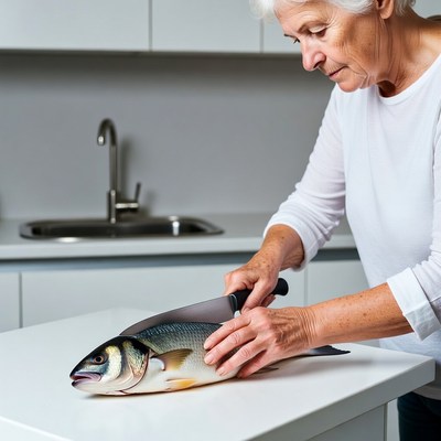 Elderly woman filleting fish kitchen
