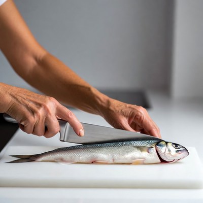 Woman filleting fish with knife