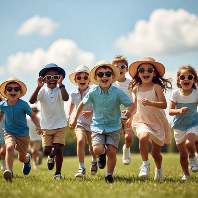 Group of kids running in grass