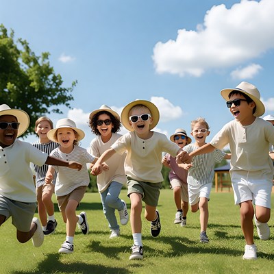 Diverse children holding hands running grass