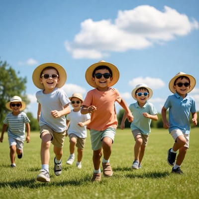 Boys running in grass wearing straw hats