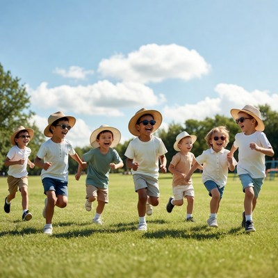 Group of boys running on grass