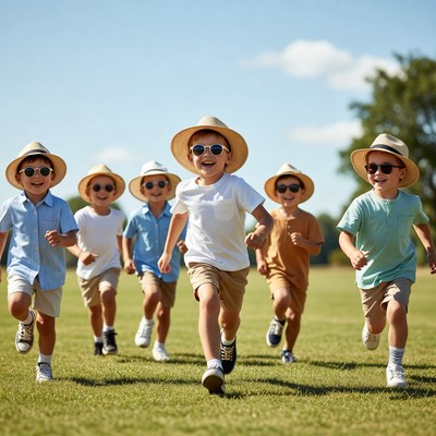 Boys in hats running on grass