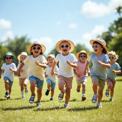 Boys running in park wearing sun hats