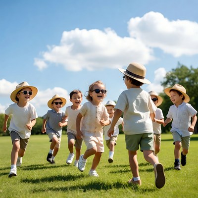 Group of kids running on green grass