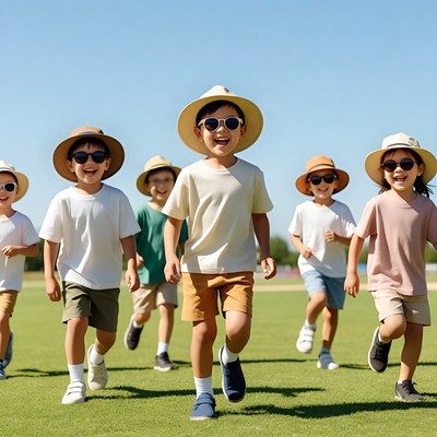 Asian kids running on grass wearing hats