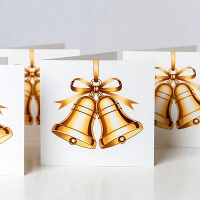 Golden bells with ribbons on cards