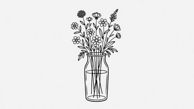 Line Art Flowers in Glass Vase