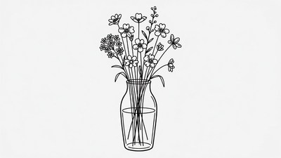 Line Art Flowers in Glass Vase