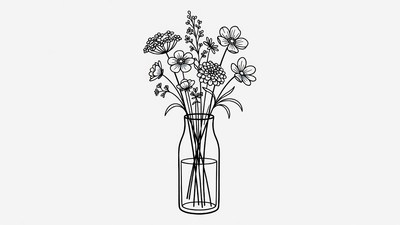 Line Art Flowers in Glass Vase