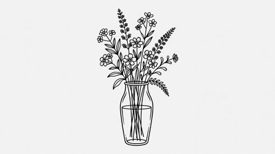 Line Art Flowers in Glass Vase