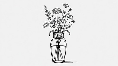 Line drawing flowers in vase