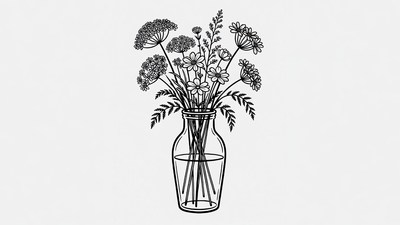 Black Outline Wildflowers in Vase