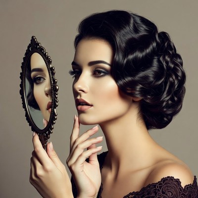 Woman checking makeup in vintage mirror