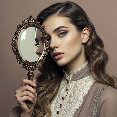 Woman holding ornate mirror