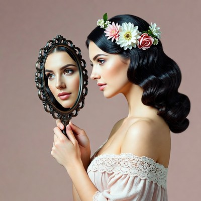 Woman Looking into Ornate Mirror