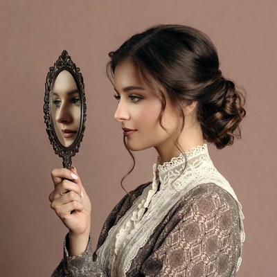 Woman looking in antique mirror