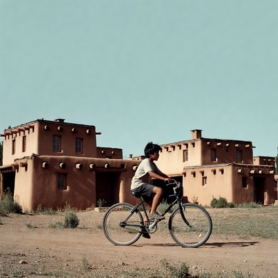 Boy biking near adobe buildings