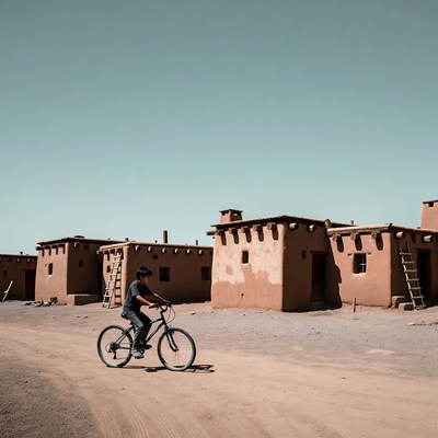 Man biking past adobe houses
