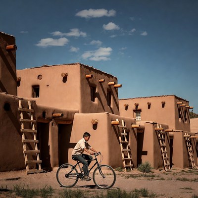 Boy riding bicycle near adobe buildings