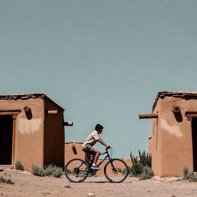 Boy biking between adobe buildings