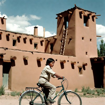 Boy riding bicycle near adobe building