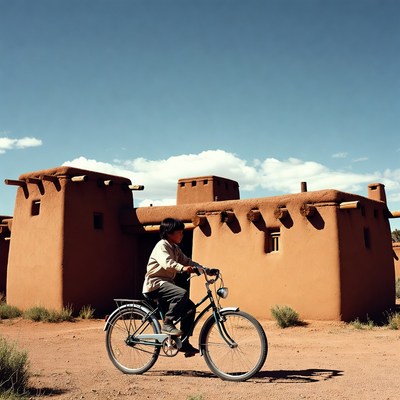 Indigenous woman biking adobe buildings