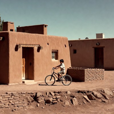 Boy riding bicycle near adobe houses