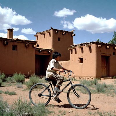 Boy riding bicycle near adobe houses