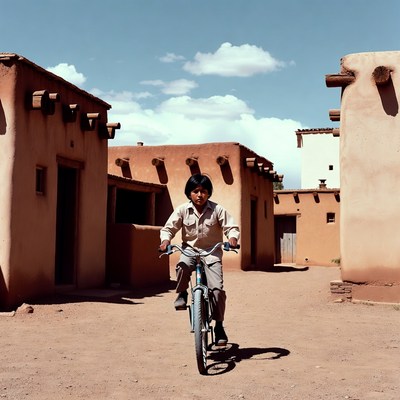 Boy riding bicycle in adobe village