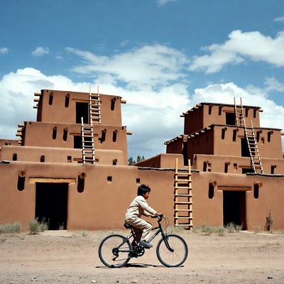 Boy biking near adobe pueblo buildings