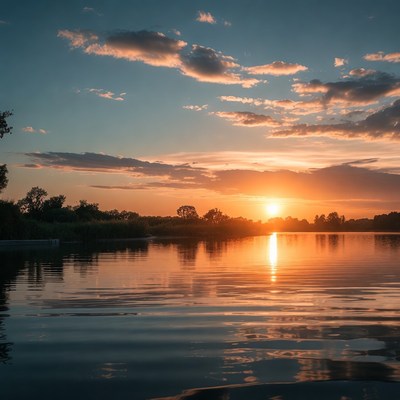 Sunset over lake with reeds
