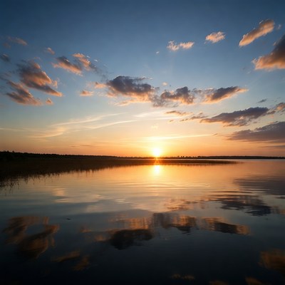 Sunset over lake with reeds reflection
