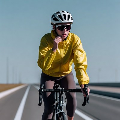Woman cycling on road in yellow jacket
