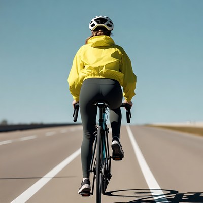 Woman cycling on road in yellow jacket
