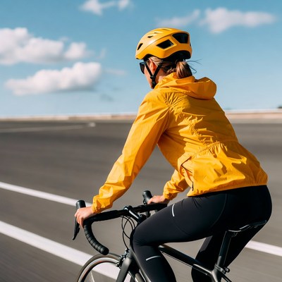 Woman cycling in yellow jacket