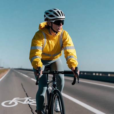 Woman cycling on road in yellow jacket