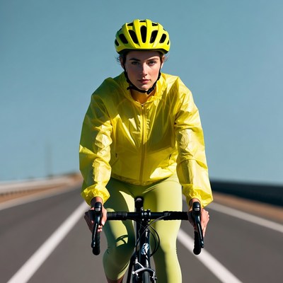 Woman cycling in yellow helmet and jacket