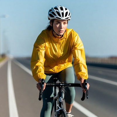 Woman cycling on road in yellow jacket