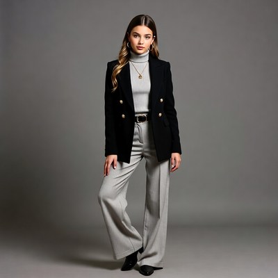 Young woman in black blazer gray pants